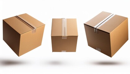 three levitating closed cardboard boxes from different angles on an isolated white background