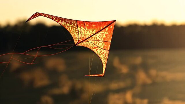 Colorful kite flying at sunset over field