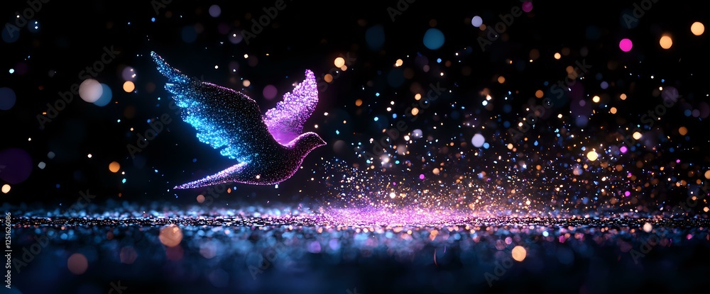 Poster Magical glowing butterfly with blue and pink wings spreading sparkles and light particles against dark background, creating ethereal bokeh effect and reflection.
