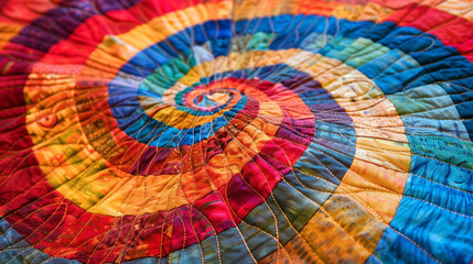 A mesmerizing trip around the world quilt with concentric blocks of vibrant colors transitioning smoothly from red to gold and blue. Each square's sharp edges and fine stitches are visible.