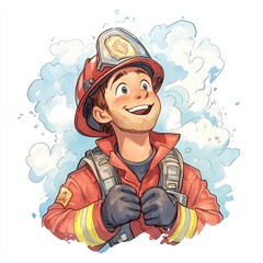 A cheerful firefighter in a bright uniform and helmet, smiling confidently against a soft, colorful background. isolated on white background