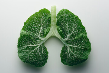 Creative Representation of Bok Choy Salad Leaves Forming a Human Lung Shape. Fresh green healthy human lungs. Creative And Natural Design Concept. Healthy Lifestyle. Don't Smoke