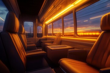 Luxurious Train Interior Featuring Reclining Leather Seats Bathed in Soft Yellow Lighting, Perfect for an Elegant Dining Experience During Scenic Journeys