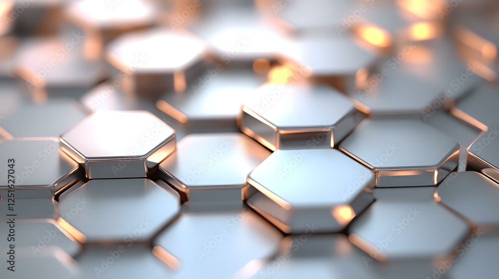 Poster metallic hexagonal pattern with copper and silver elements creating modern technological surface tex