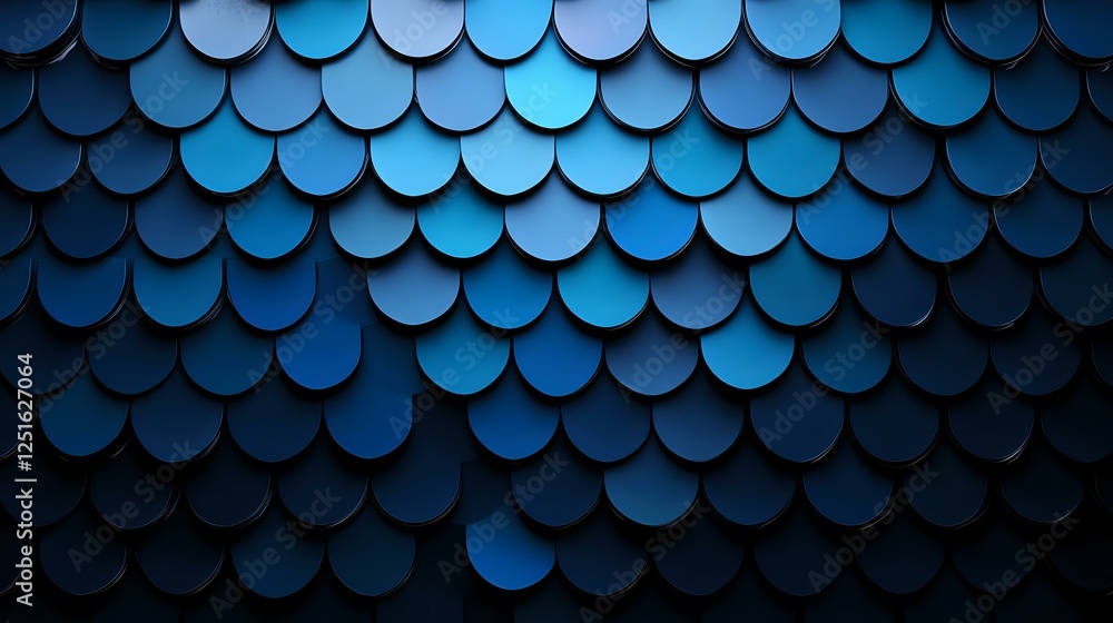 Poster mesmerizing pattern of overlapping blue circular scales creating depth and dimension against dark ba