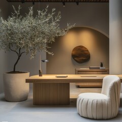 Minimalist Wooden Desk in Cozy Modern Office with Natural Light