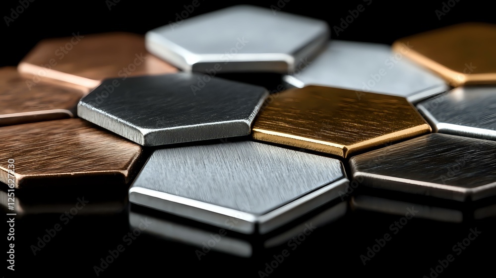 Poster metallic hexagonal tiles in copper, silver, gold and black colors arranged in geometric pattern with