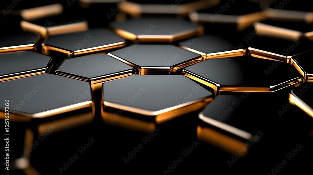 Poster metallic hexagonal structure with golden edges glowing on dark background, abstract molecular grid p