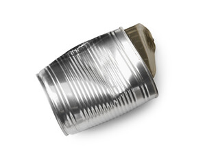 One crumpled tin can isolated on white, top view