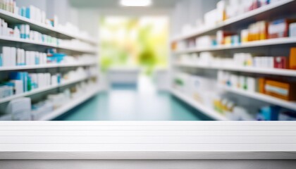 an empty white table on a blurry pharmacy background