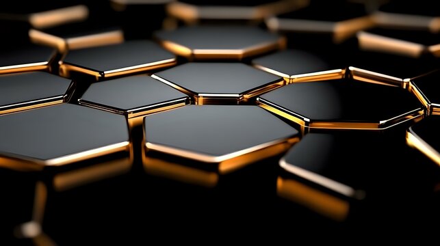 Metallic hexagonal structure with golden edges glowing on dark background, abstract molecular grid pattern showing depth and reflection. Scientific concept. - Powered by Adobe