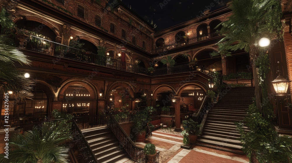 Poster courtyard architecture interior view with multiple levels and staircases at night.