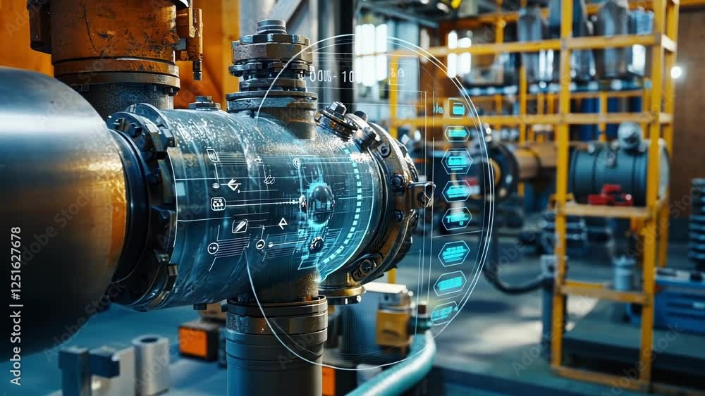 Poster futuristic industrial pipeline monitoring system analyzing data flow and optimizing efficiency while