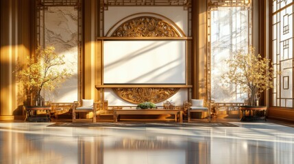 Beautifully Designed Temple Interior with Wooden Decorations and Blank Wall, Ideal for Chinese Vegetarian Festival Celebrations and Cultural Events