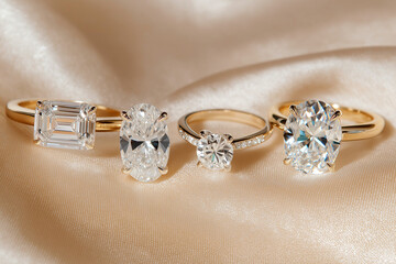 Engagement rings showcasing sparkling diamonds on silky fabric, perfect for romantic inspiration. Elegant diamond rings displayed on luxurious satin. Different diamond cuts for engagement ring