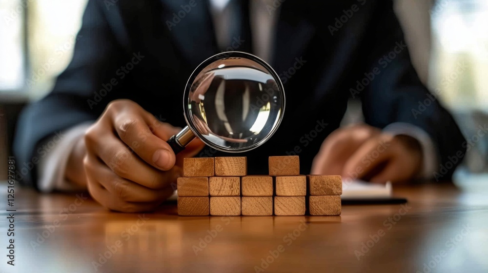 Poster a person in a suit examines wooden blocks with a magnifying glass, emphasizing analysis, strategy, a