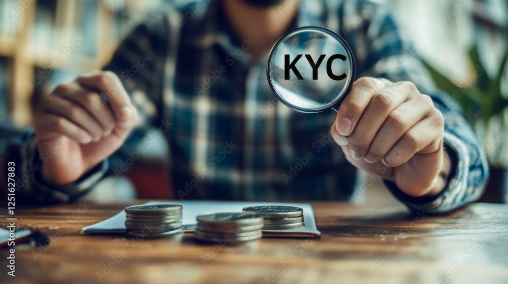 Poster a person examines coins with a magnifying glass labeled 