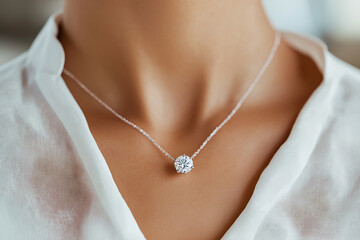 Elegant jewelry closeup featuring a diamond necklace on a delicate chain. Closeup of a diamond necklace on a neck emphasizes sophistication and beauty. Luxury jewelry, white gold and diamonds.