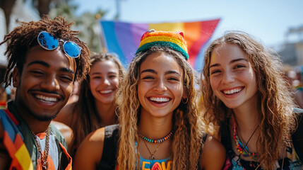 Joyful individuals celebrating diversity outdoors with vibrant rainbow flags sunny day, highlighting lgbt unity