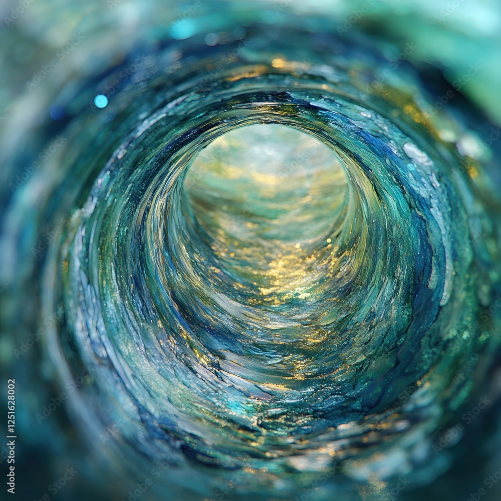 Poster abstract tunnel of flowing blue and green paint with gold shimmer creating a surreal effect