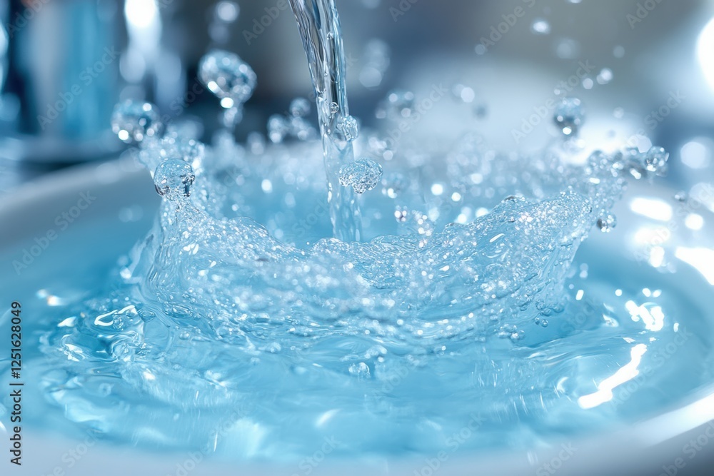 Poster water splashing in a basin, creating ripples and bubbles.