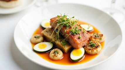 Gourmet Pork Belly Dish with Quail Eggs and Zucchini on a White Plate