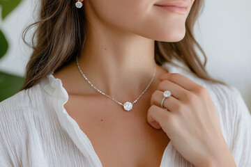 Elegant woman showcasing diamond necklace, matching earrings, and sparkling engagement ring. Close-up of elegance, sparkling jewelry including necklace, earrings, and a diamond ring. Luxury jewelry
