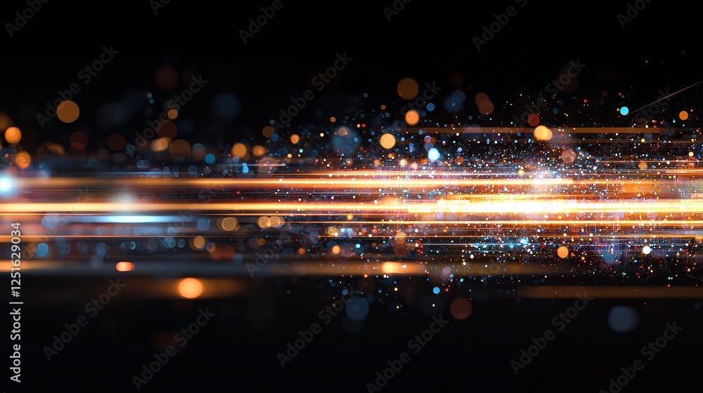 Poster creative glitch overlay with fragmented light streams and bokeh effect in dark background