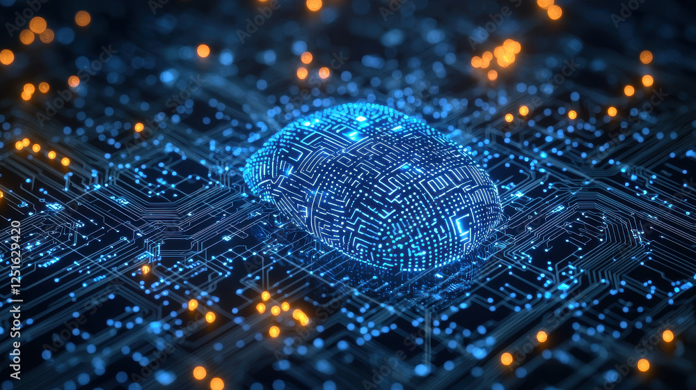 Poster neural network secured by an ai-driven risk management system featuring a glowing cyber shield visua