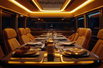 Elegant Interior of a Luxury Dining Train with Reclining Leather Seats and Soft Yellow Lighting, Perfect for an Upscale Travel Experience