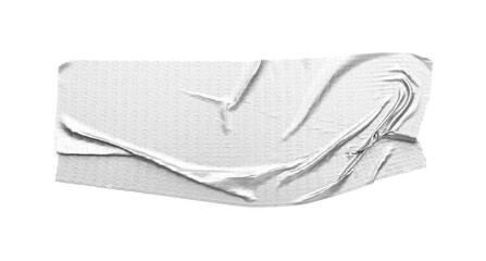 Wrinkled strip of silver adhesive tape on white background, top view