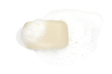 Soap with foam on white background, top view
