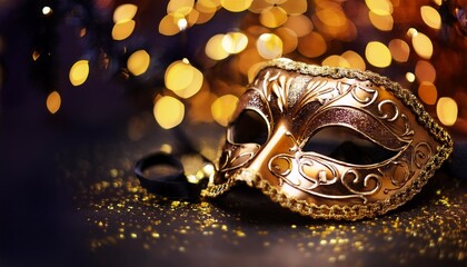 luxury venetian mask on dark godlen bokeh background new year and christmas party celebration design banner