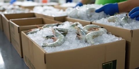 Multiple boxes filled with fresh shrimp on ice, ready for distribution to seafood markets.