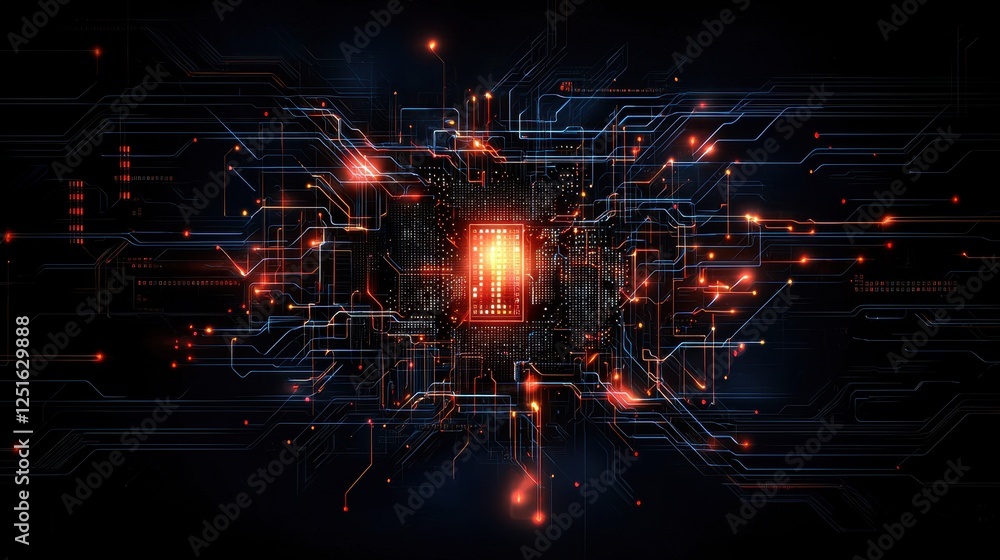 Poster futuristic digital circuit with glowing elements displaying screen malfunction and distorted texture
