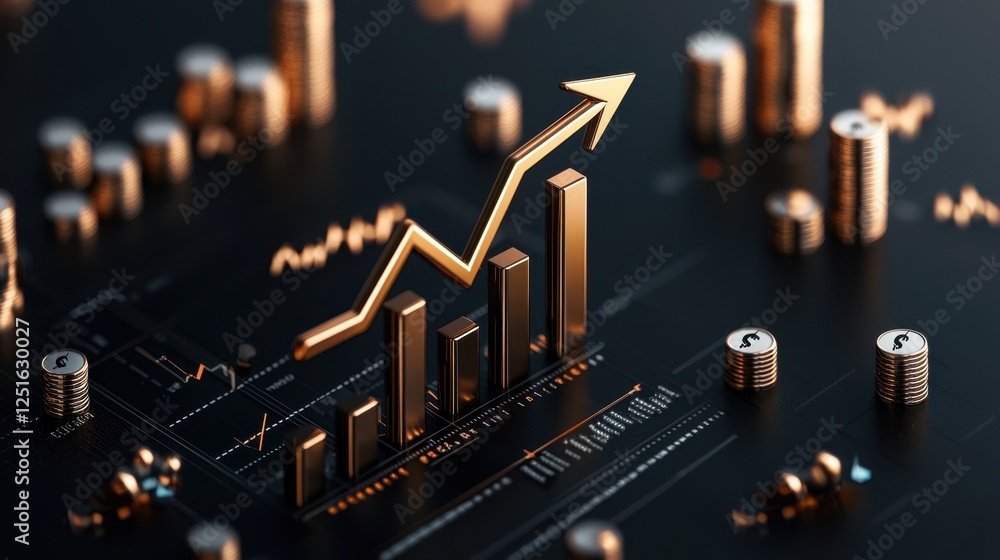 Poster golden rising arrow on financial graph with coins and dynamic background representing success
