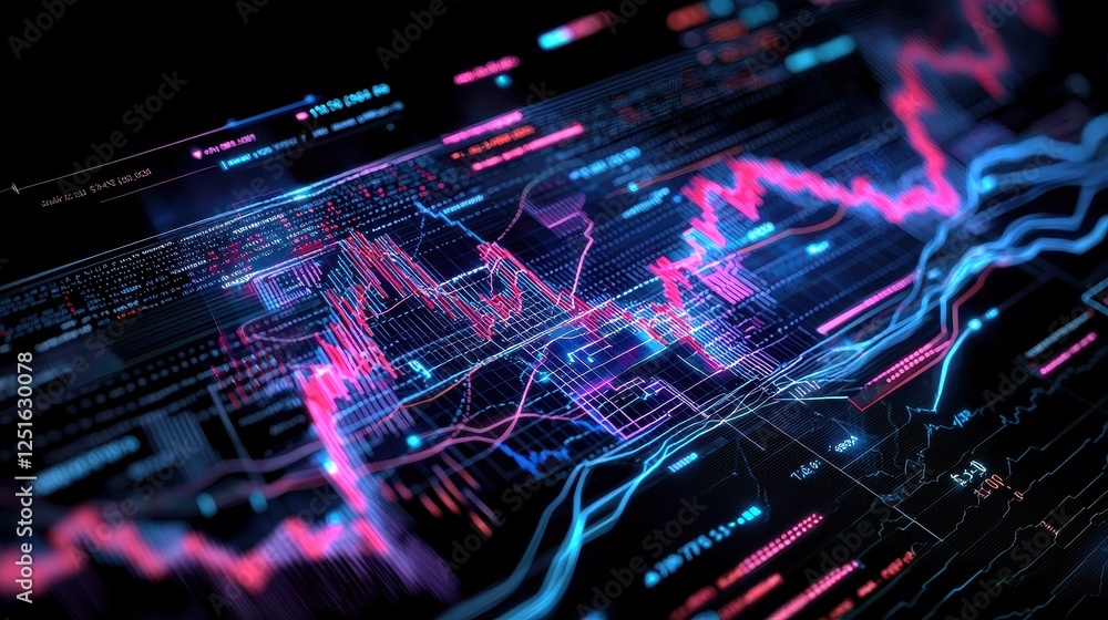 Poster a futuristic ai powered stock market chart with dynamic data visualization elements in vibrant color