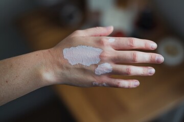 Close-up of a hand with white cream applied, showcasing skincare routine or treatment.