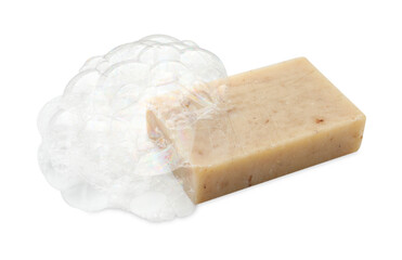 Bar soap with foam on white background