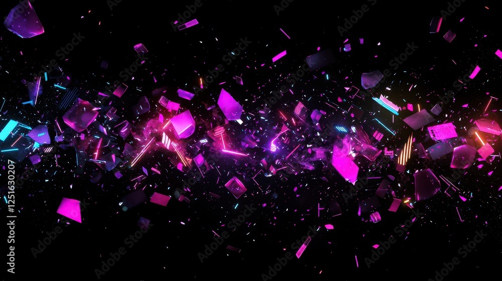 Poster futuristic cyberpunk scene with glitch effects and dynamic colorful shapes against a dark background