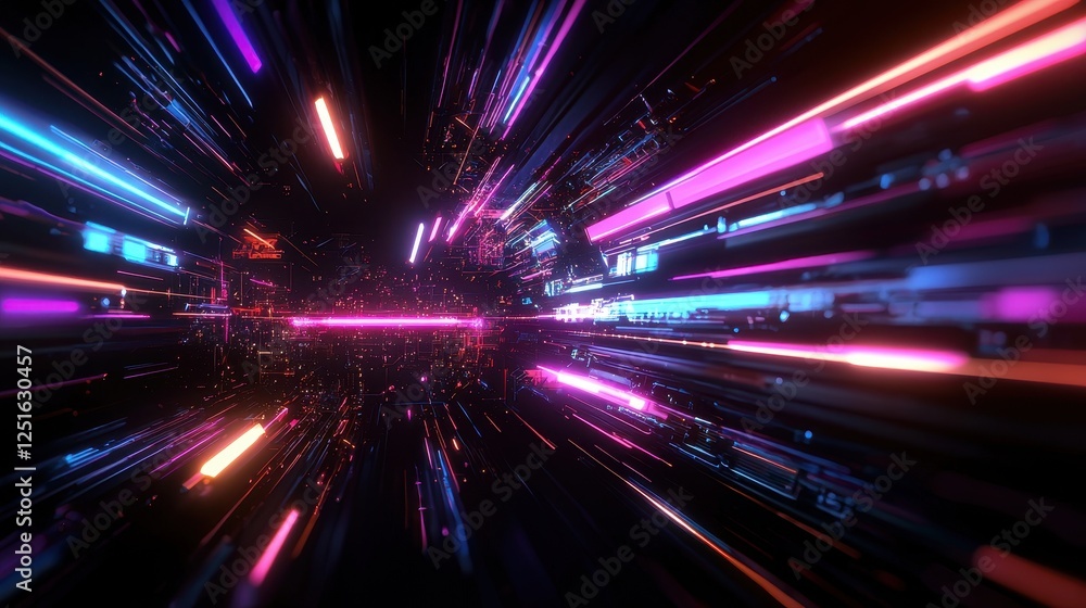 Poster futuristic glitchy neon background with bright lights and unique textures for high-tech visuals and 