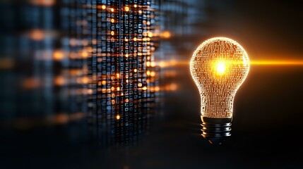 Digital light bulb made of binary code glowing against dark background with data matrix, representing artificial intelligence and innovative technology solutions.