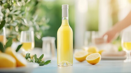 Bottle of limoncello sits on a white table, with lemons and plants nearby, and the hands of a woman preparing the cocktail visible in the background. Concept traditional Italian lemon liqueur, drinks 