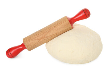 Fresh dough and rolling pin isolated on white