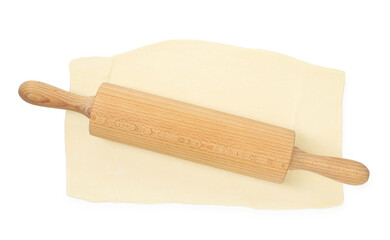 Fresh dough and rolling pin isolated on white, top view