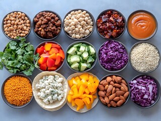 Assortment of Bowls Filled with Fresh Ingredients for Colorful and Healthy Food Preparation