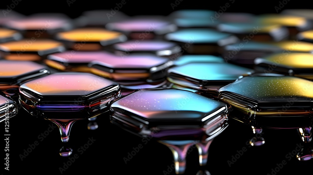 Poster Iridescent hexagonal shapes with liquid droplets on dark background create mesmerizing abstract pattern with holographic rainbow colors and reflective surfaces.