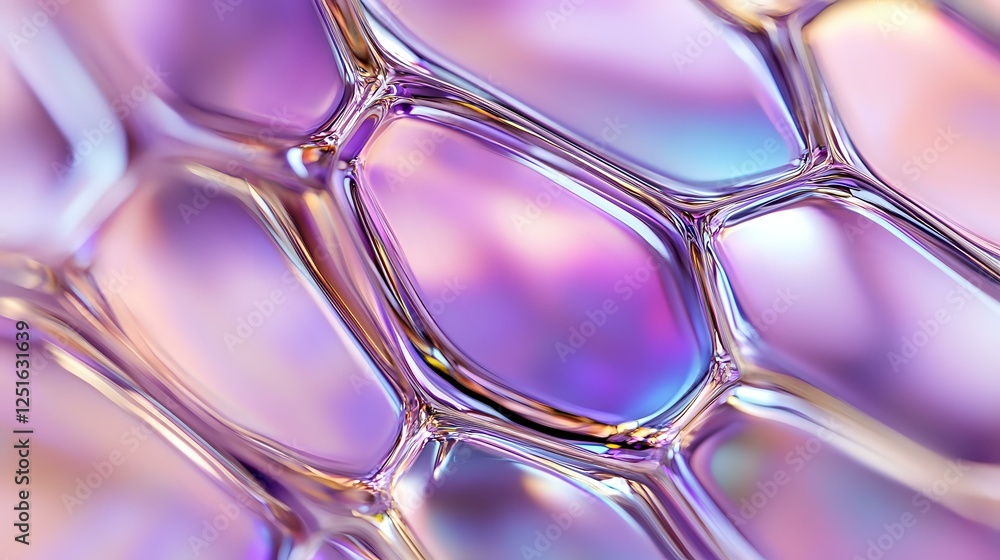 Poster macro view of iridescent soap bubble structure with hexagonal pattern in purple and pink tones showi
