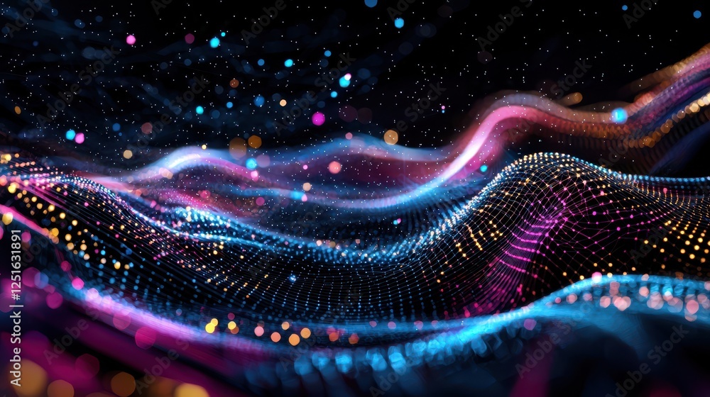 Poster dynamic abstract technology background with vibrant dots and waves in vivid colors for marketing and