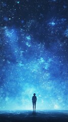 Obraz premium Person stands gazing at a vibrant blue starry sky